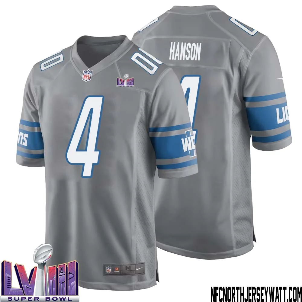 Jason Hanson No 4 Men Grey Detroit Lions Player Super Bowl LVIII Alternate Game Jersey