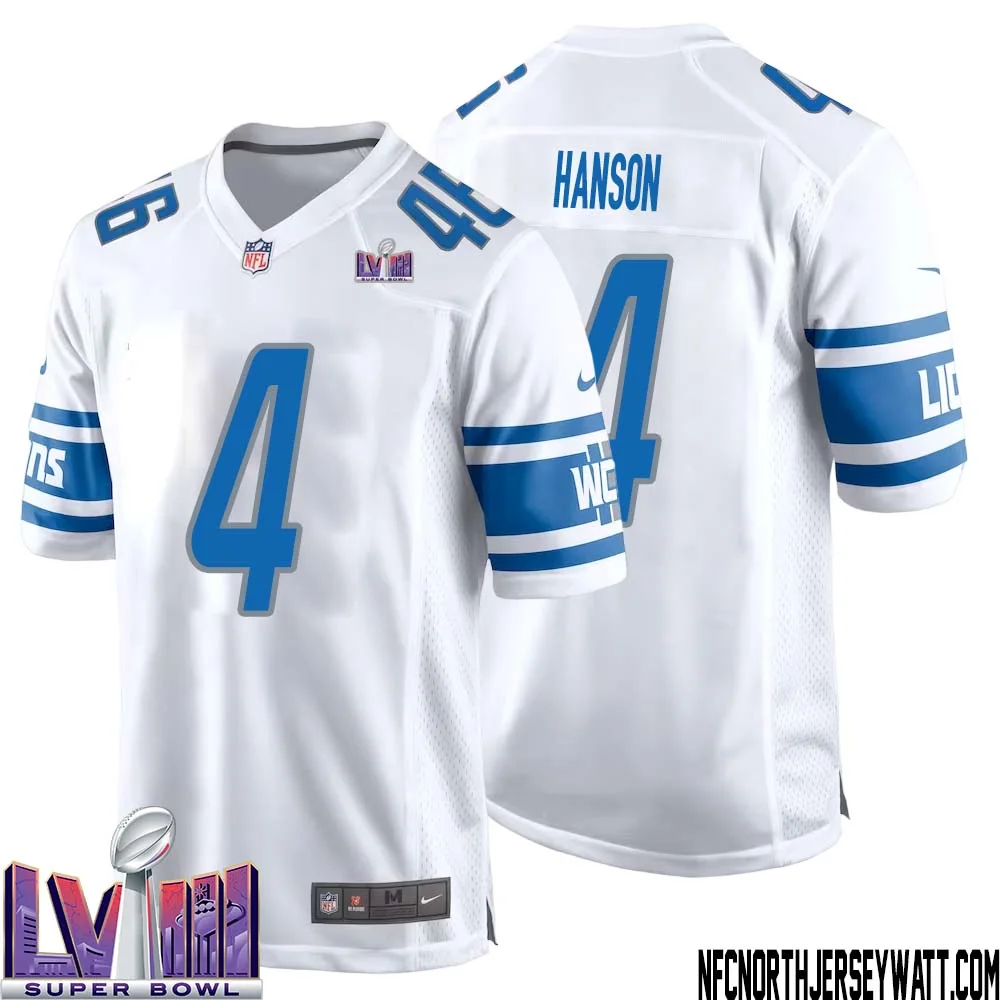 Jason Hanson No 4 Men White Detroit Lions Player Super Bowl LVIII Away Game Jersey