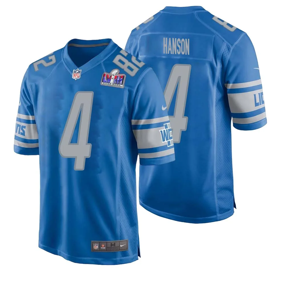 Jason Hanson No 4 Mens Custom Blue Detroit Lions Super Bowl LVIII Player Home Game Jersey