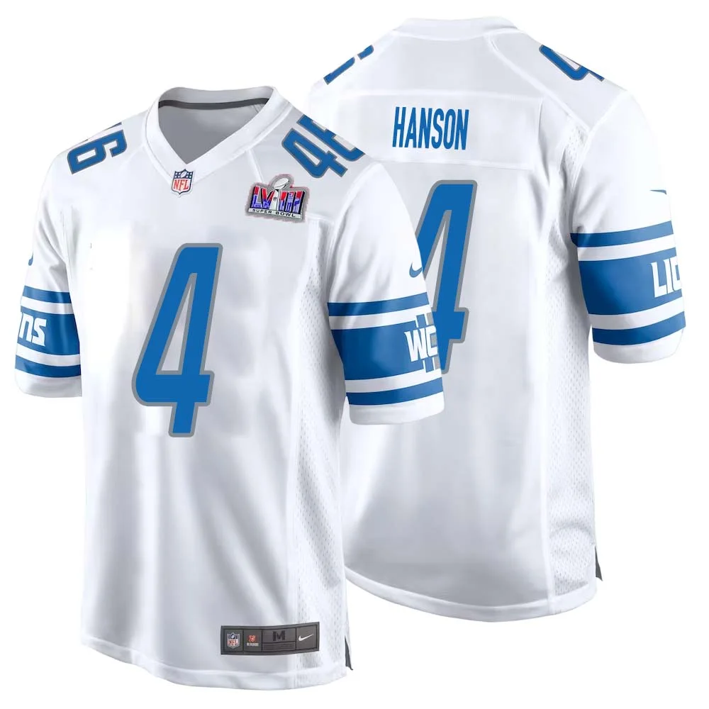 Jason Hanson No 4 Mens Custom White Detroit Lions Super Bowl LVIII Away Game Jersey
