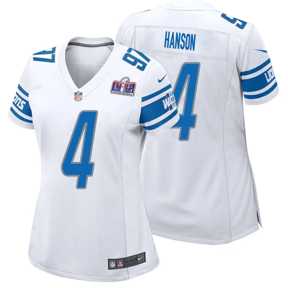 Jason Hanson No 4 Womens Custom White Detroit Lions Super Bowl LVIII Away Game Jersey
