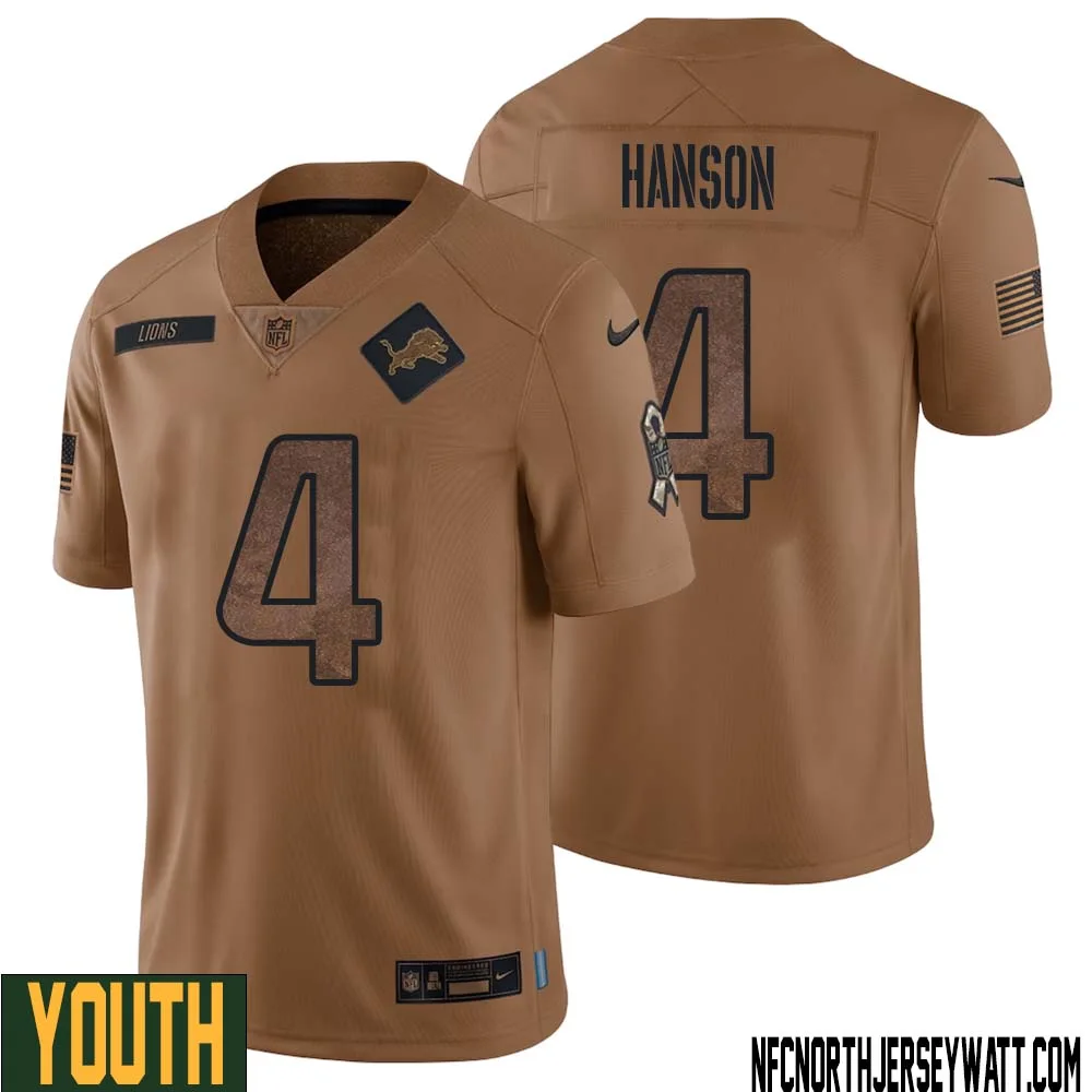 Jason Hanson No 4 Youth Brown Detroit Lions 2023 Salute To Service Retired Player Limited Jersey 1