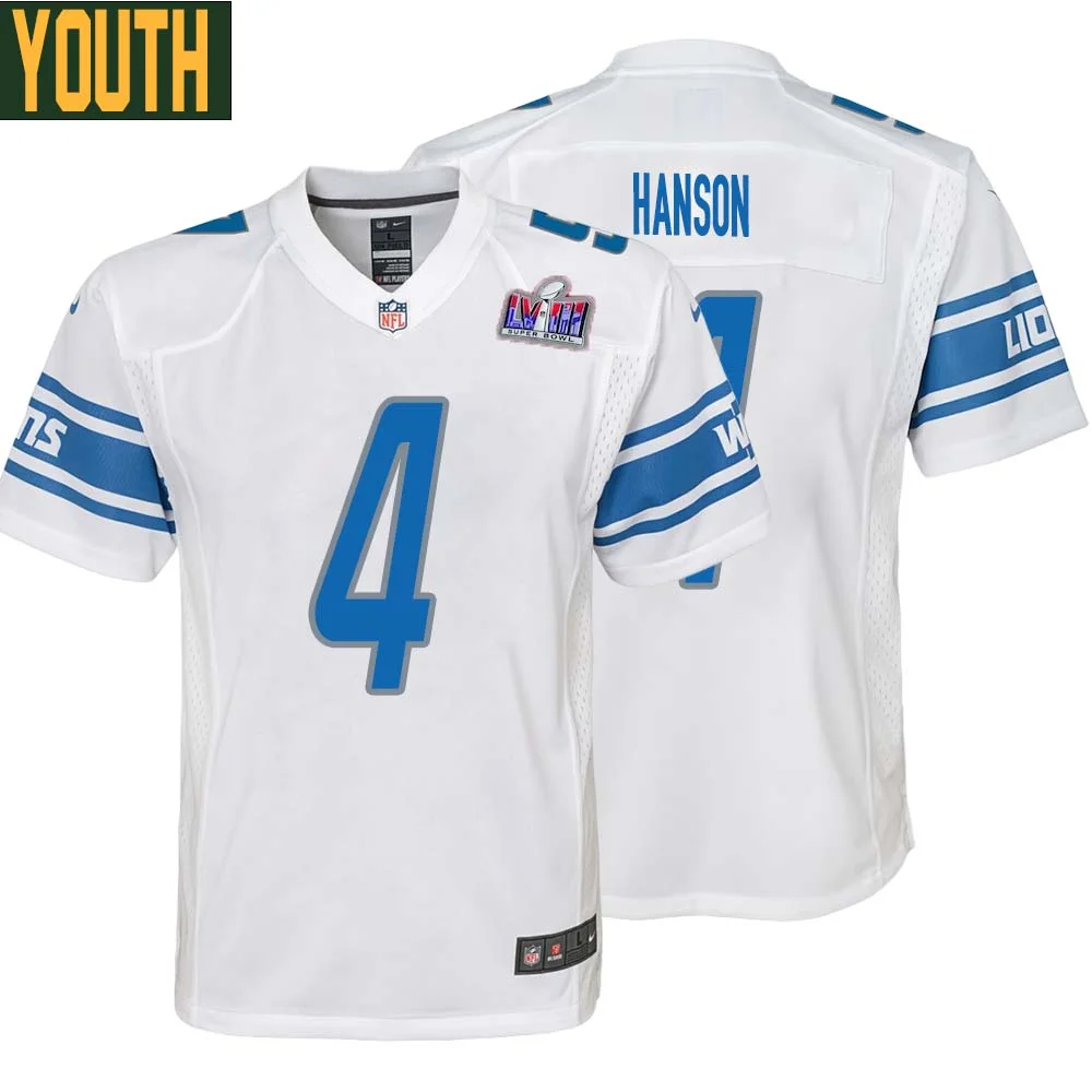 Jason Hanson No 4 Youths Custom White Detroit Lions Super Bowl LVIII Away Game Jersey