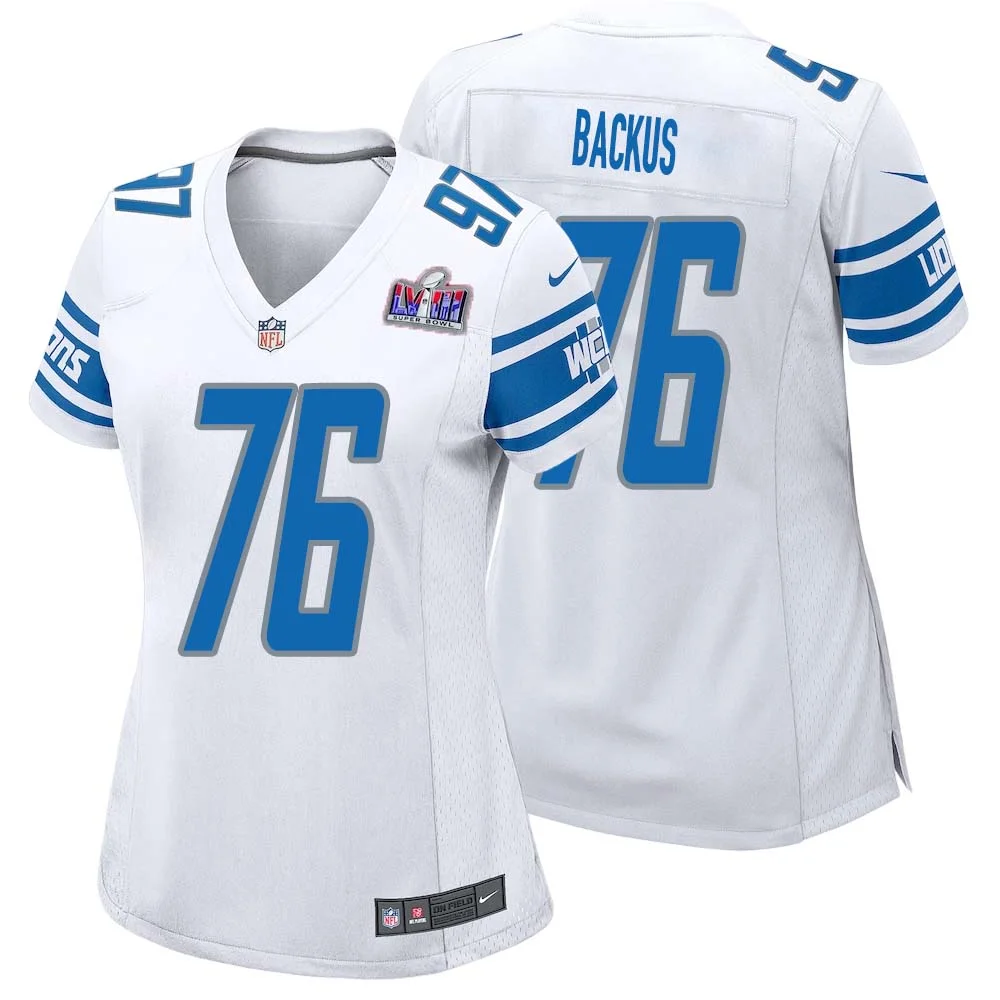 Jeff Backus No 76 Womens Custom White Detroit Lions Super Bowl LVIII Away Game Jersey