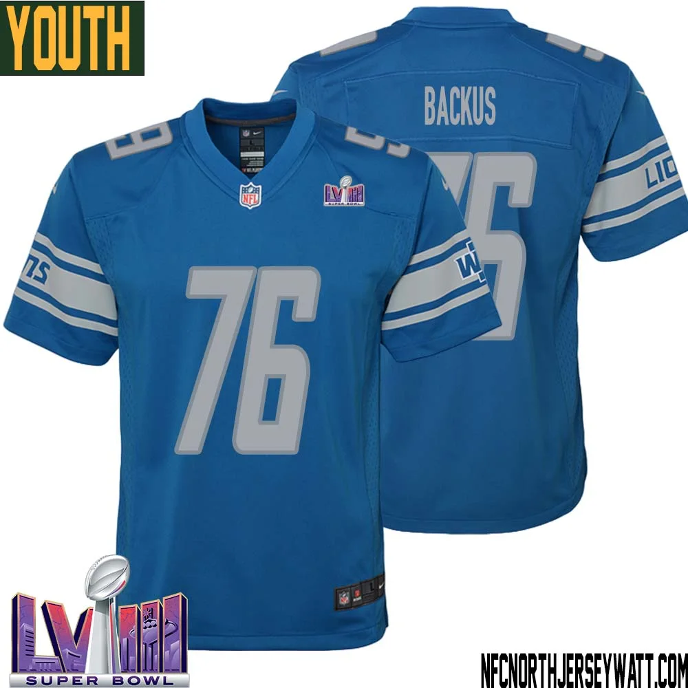 Jeff Backus No 76 Youth Blue Detroit Lions Player Super Bowl LVIII Home Game Jersey 1
