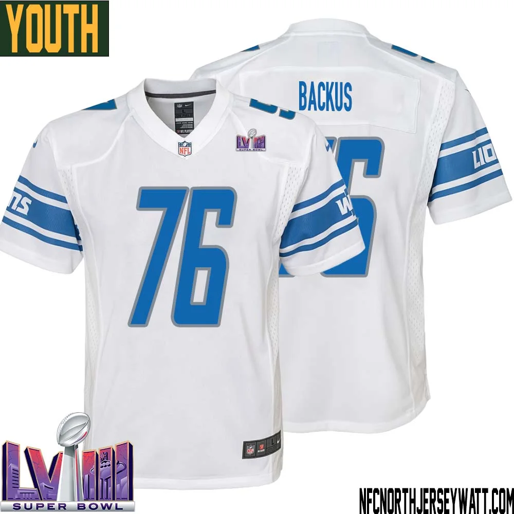 Jeff Backus No 76 Youth White Detroit Lions Player Super Bowl LVIII Away Game Jersey 1