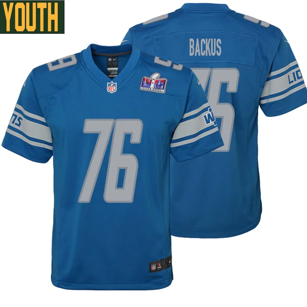 Jeff Backus No 76 Youths Custom Blue Detroit Lions Super Bowl LVIII Player Home Game Jersey