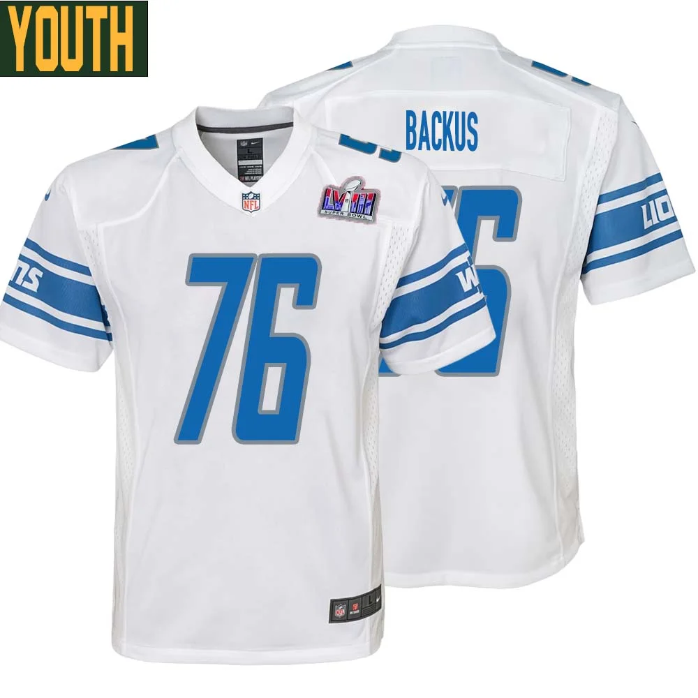 Jeff Backus No 76 Youths Custom White Detroit Lions Super Bowl LVIII Away Game Jersey