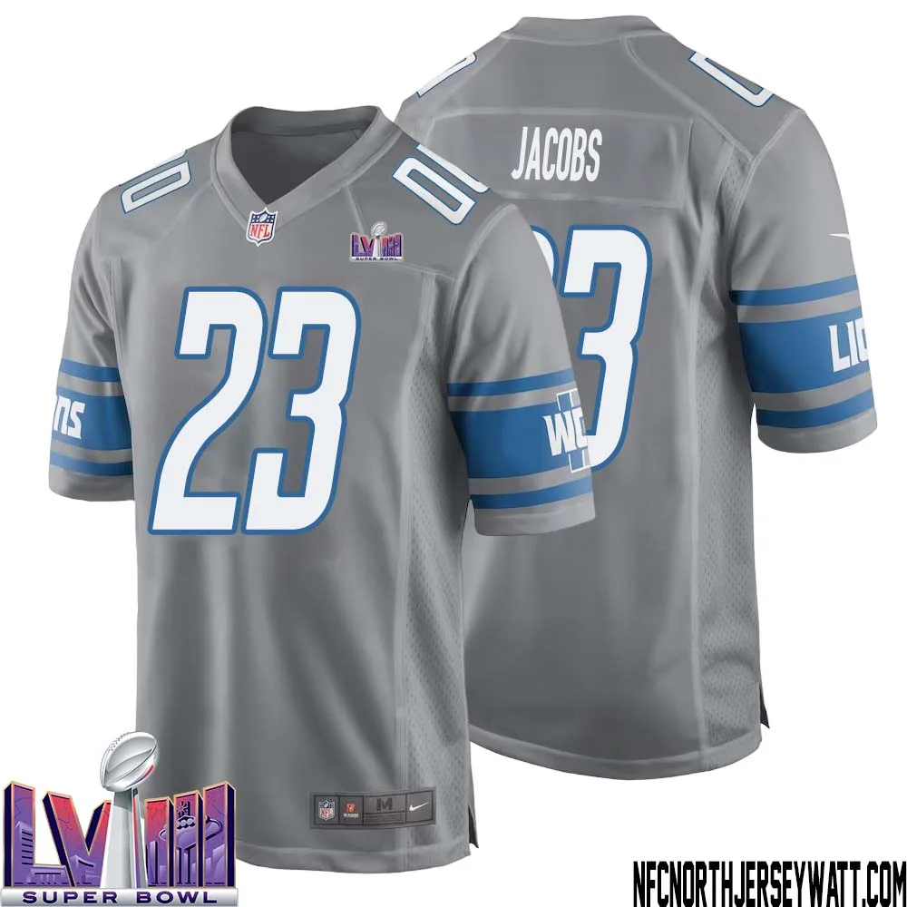 Jerry Jacobs No 23 Men Grey Detroit Lions Player Super Bowl LVIII Alternate Game Jersey