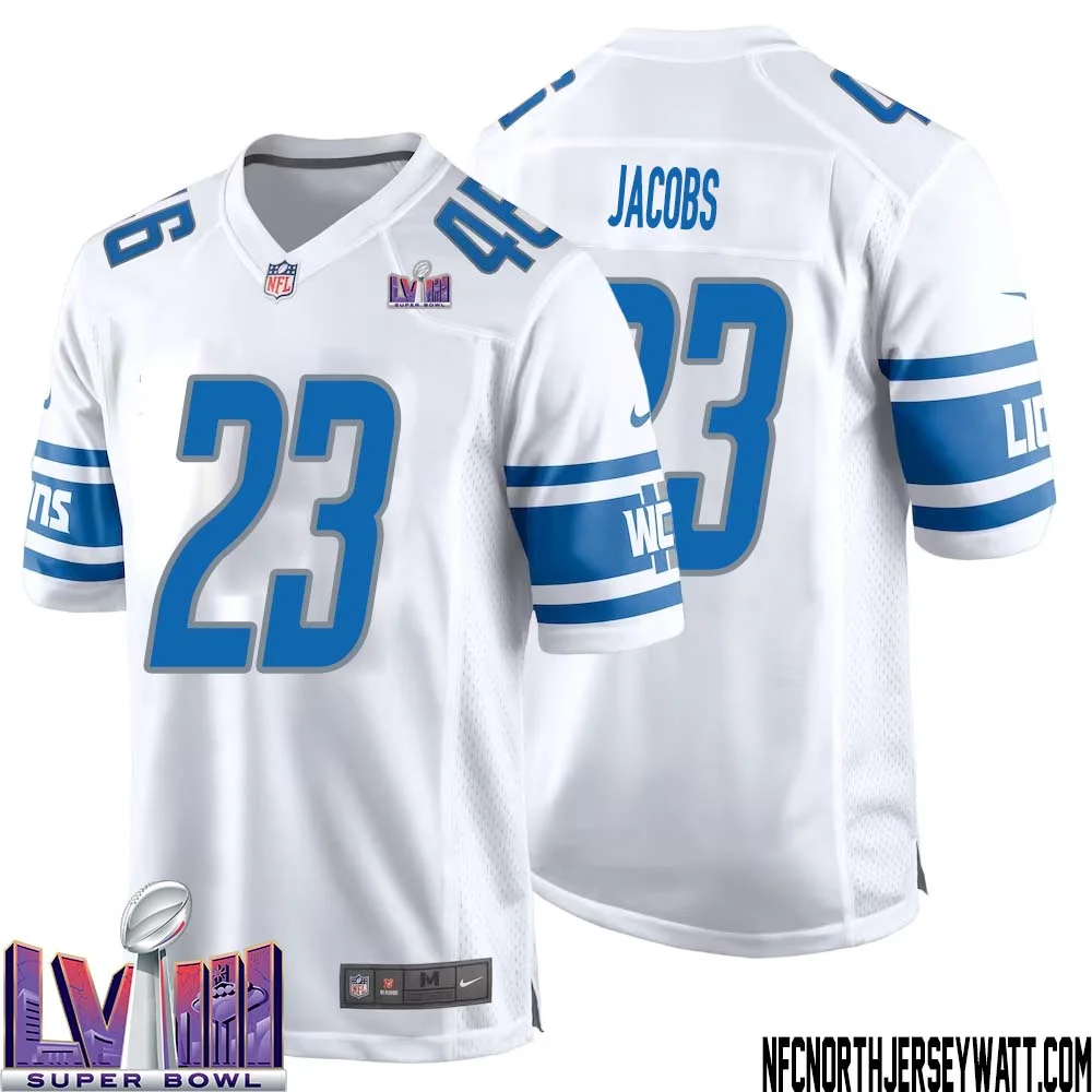 Jerry Jacobs No 23 Men White Detroit Lions Player Super Bowl LVIII Away Game Jersey 1