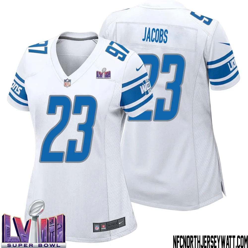 Jerry Jacobs No 23 Women White Detroit Lions Player Super Bowl LVIII Away Game Jersey