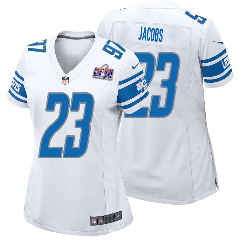 Jerry Jacobs No 23 Womens Custom White Detroit Lions Super Bowl LVIII Away Game Jersey