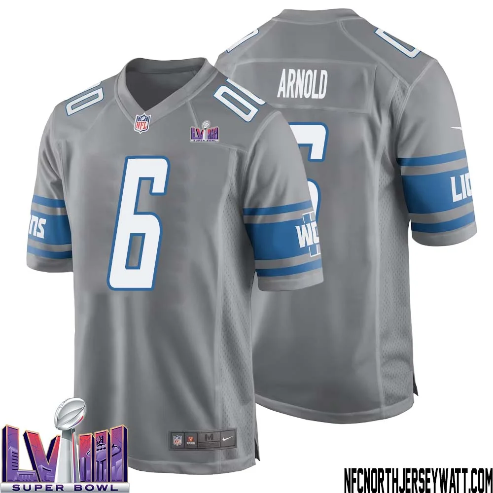 Jim Arnold No 6 Men Grey Detroit Lions Player Super Bowl LVIII Alternate Game Jersey 1