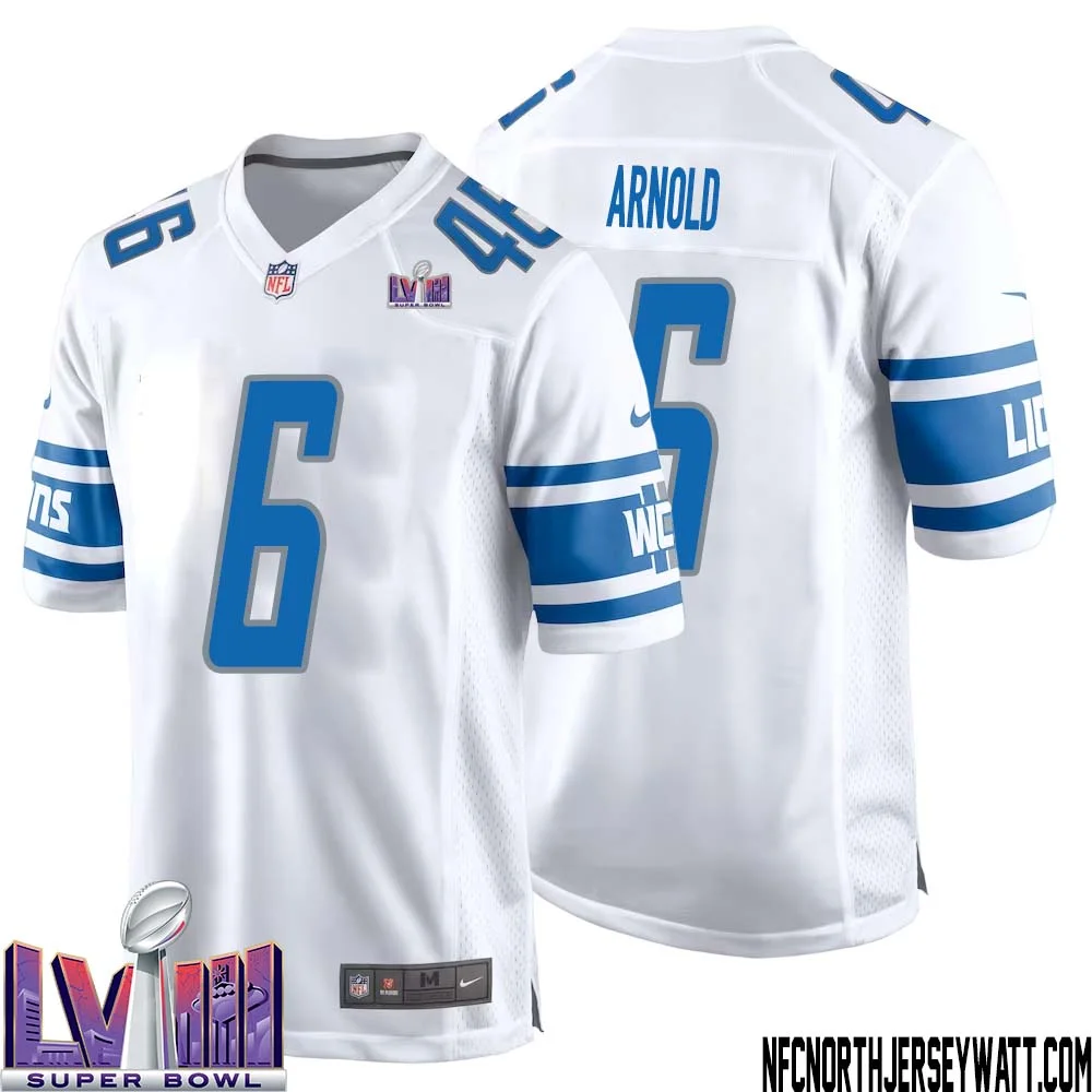 Jim Arnold No 6 Men White Detroit Lions Player Super Bowl LVIII Away Game Jersey