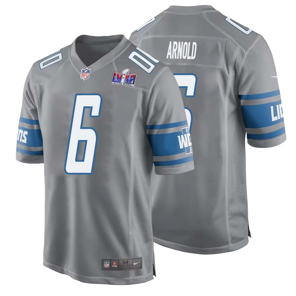 Jim Arnold No 6 Mens Custom Gray Detroit Lions Alternate Super Bowl LVIII Game Jersey