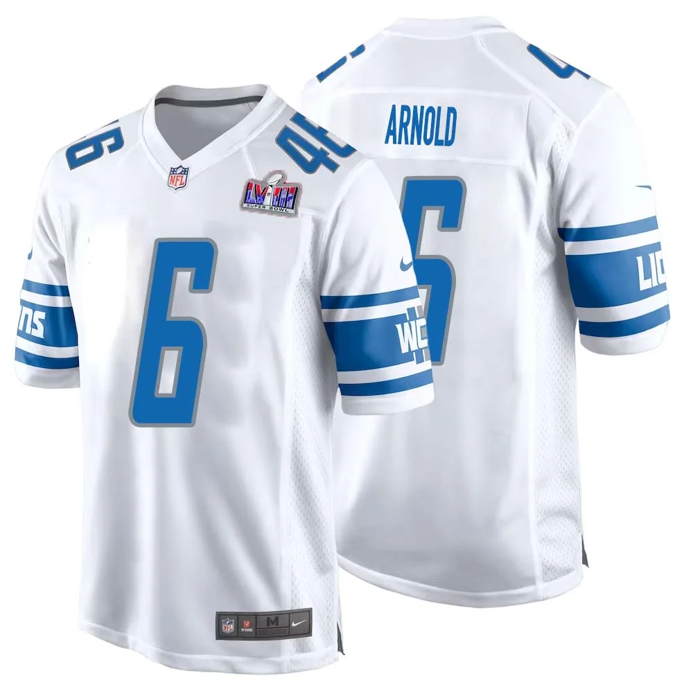 Jim Arnold No 6 Mens Custom White Detroit Lions Super Bowl LVIII Away Game Jersey