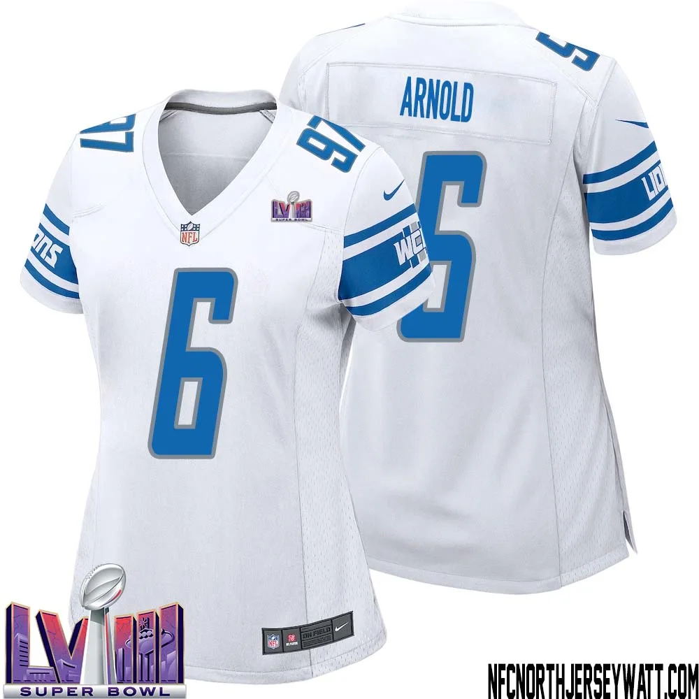 Jim Arnold No 6 Women White Detroit Lions Player Super Bowl LVIII Away Game Jersey 1