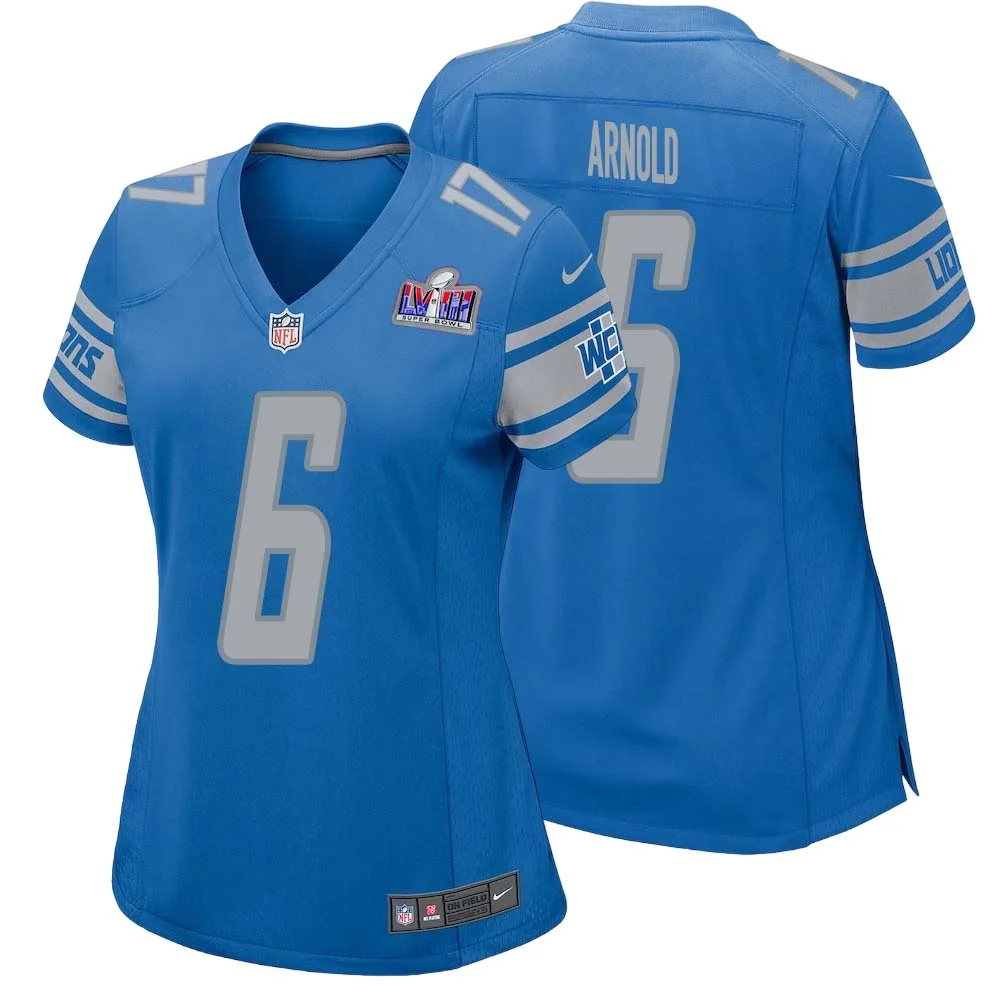 Jim Arnold No 6 Womens Custom Blue Detroit Lions Super Bowl LVIII Player Home Game Jersey
