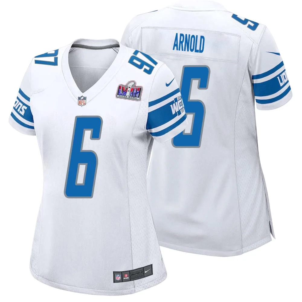 Jim Arnold No 6 Womens Custom White Detroit Lions Super Bowl LVIII Away Game Jersey