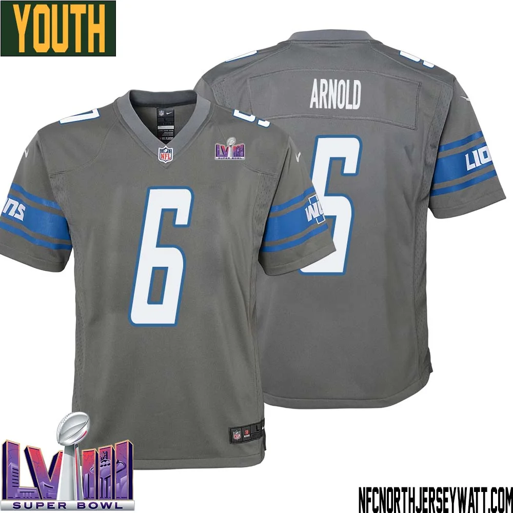 Jim Arnold No 6 Youth Grey Detroit Lions Player Super Bowl LVIII Alternate Game Jersey 1
