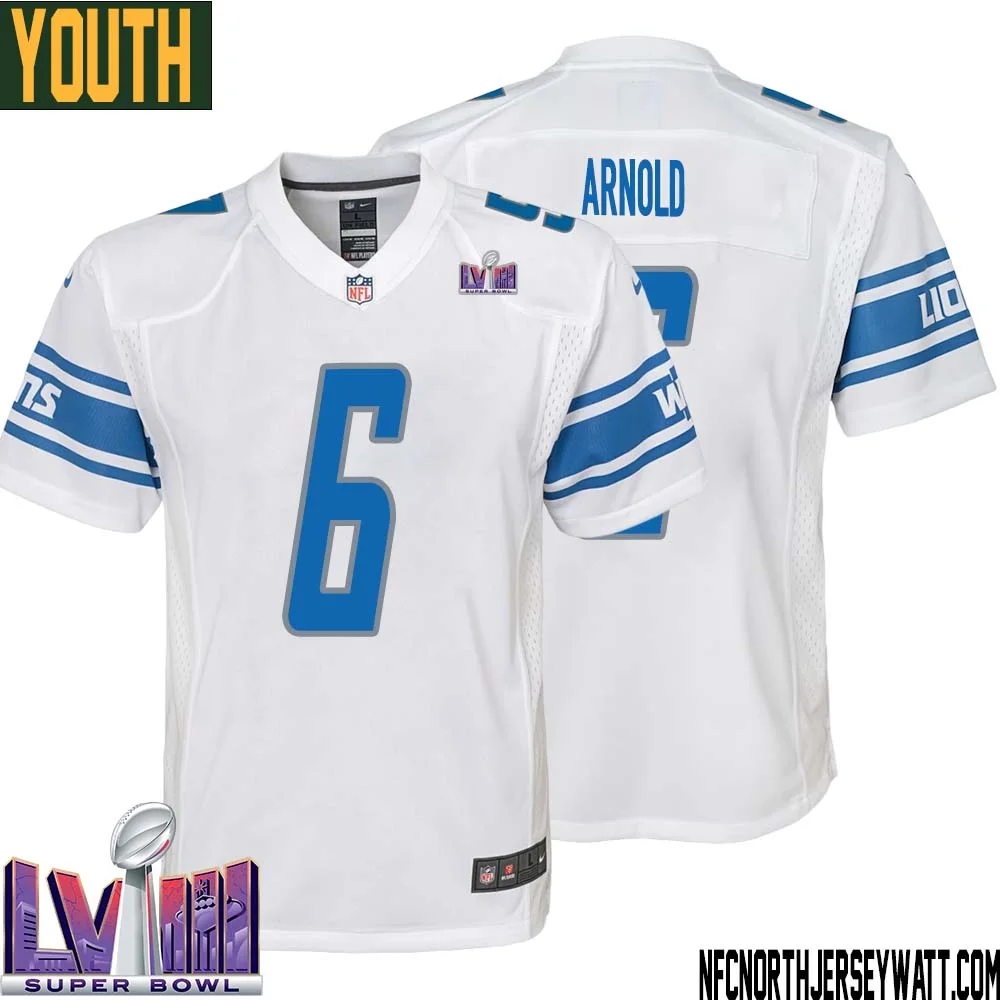 Jim Arnold No 6 Youth White Detroit Lions Player Super Bowl LVIII Away Game Jersey