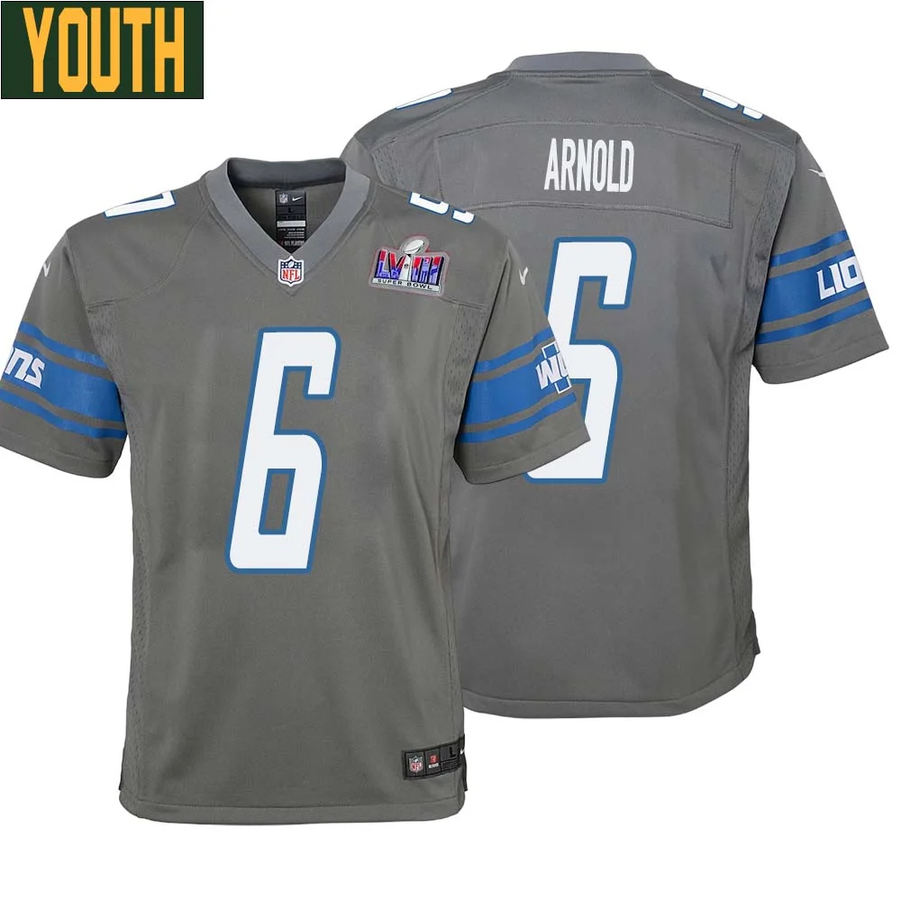 Jim Arnold No 6 Youths Custom Gray Detroit Lions Alternate Super Bowl LVIII Game Jersey