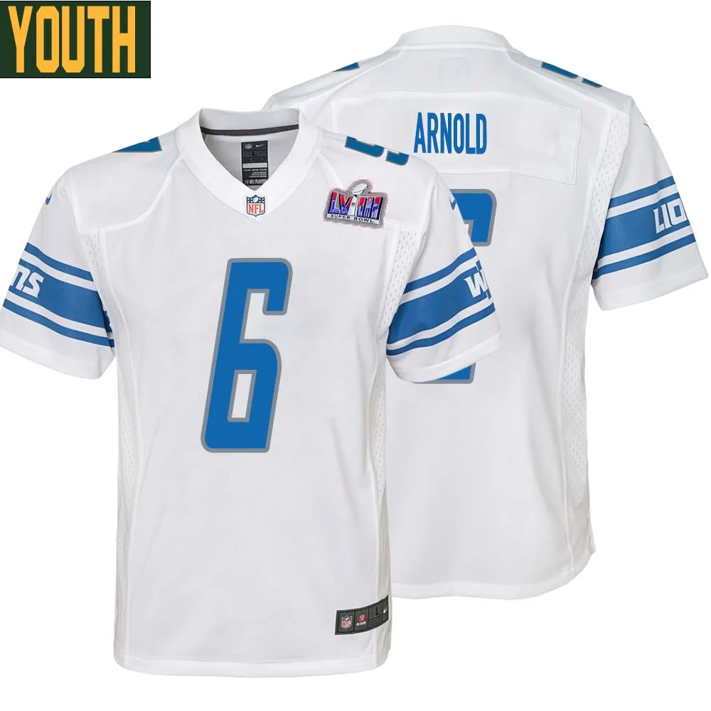 Jim Arnold No 6 Youths Custom White Detroit Lions Super Bowl LVIII Away Game Jersey