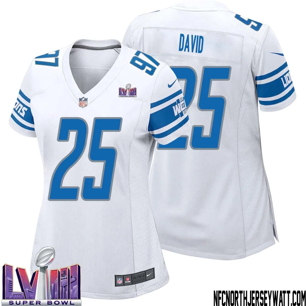 Jim David No 25 Women White Detroit Lions Player Super Bowl LVIII Away Game Jersey 1