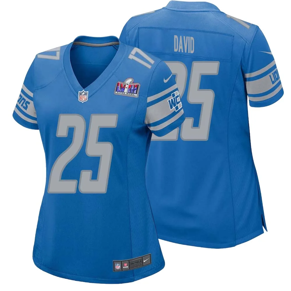 Jim David No 25 Womens Custom Blue Detroit Lions Super Bowl LVIII Player Home Game Jersey