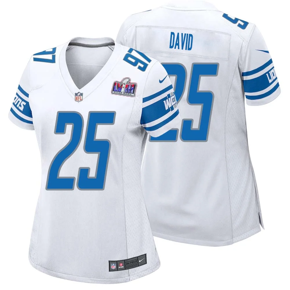 Jim David No 25 Womens Custom White Detroit Lions Super Bowl LVIII Away Game Jersey