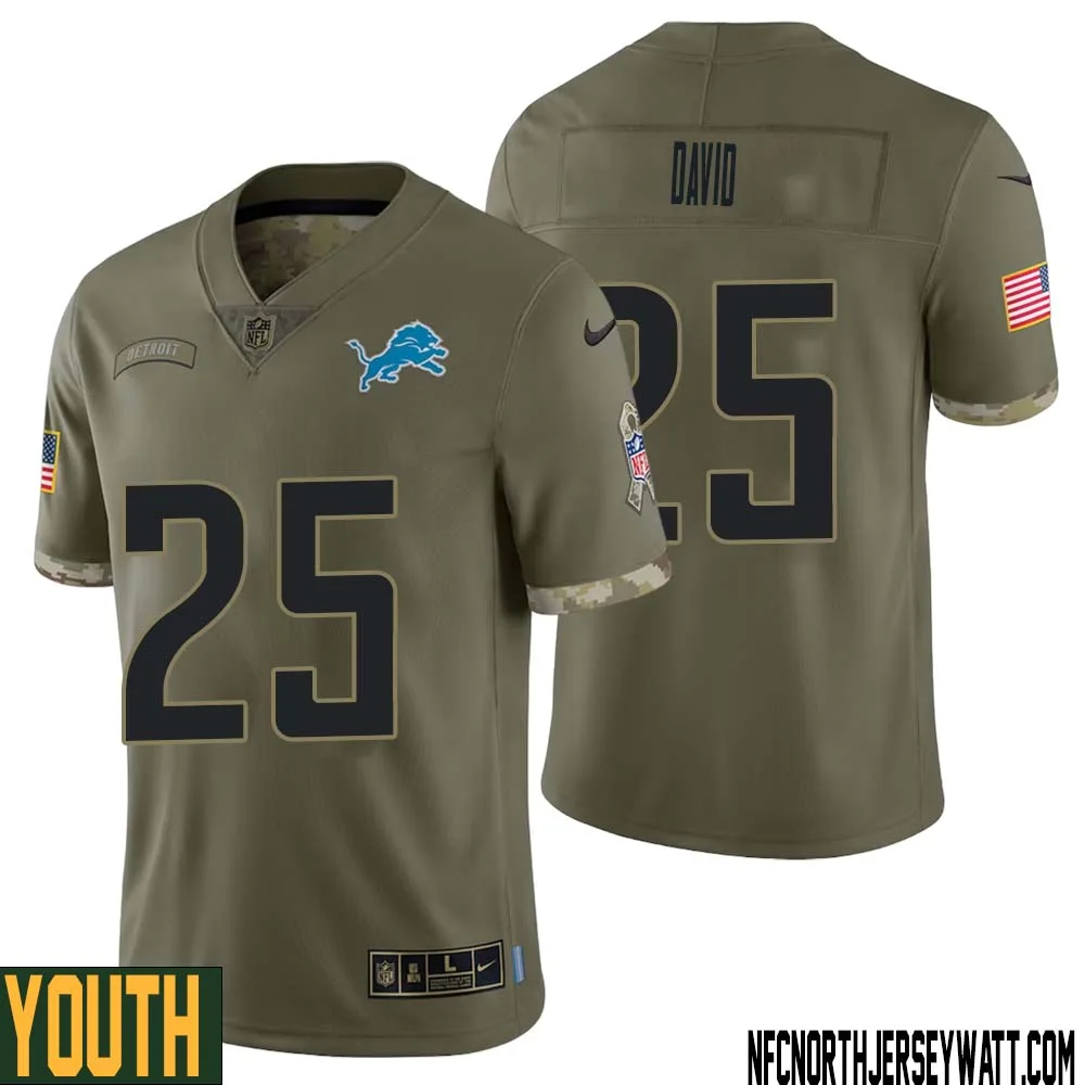 Jim David No 25 Youth Olive Detroit Lions 2022 Salute To Service Retired Player Limited Jersey