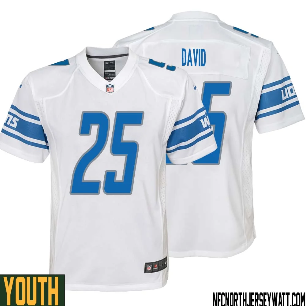 Jim David No 25 Youth White Detroit Lions Player Away Game Jersey 1