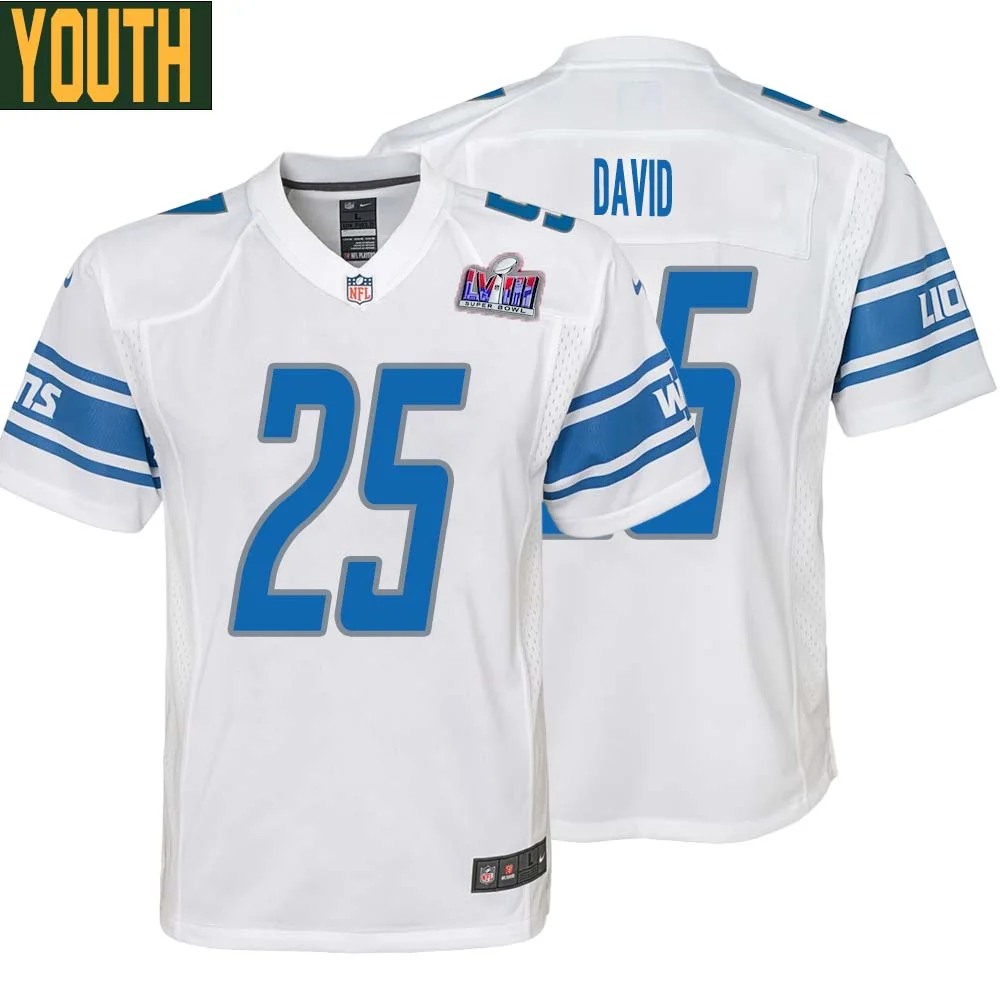 Jim David No 25 Youths Custom White Detroit Lions Super Bowl LVIII Away Game Jersey