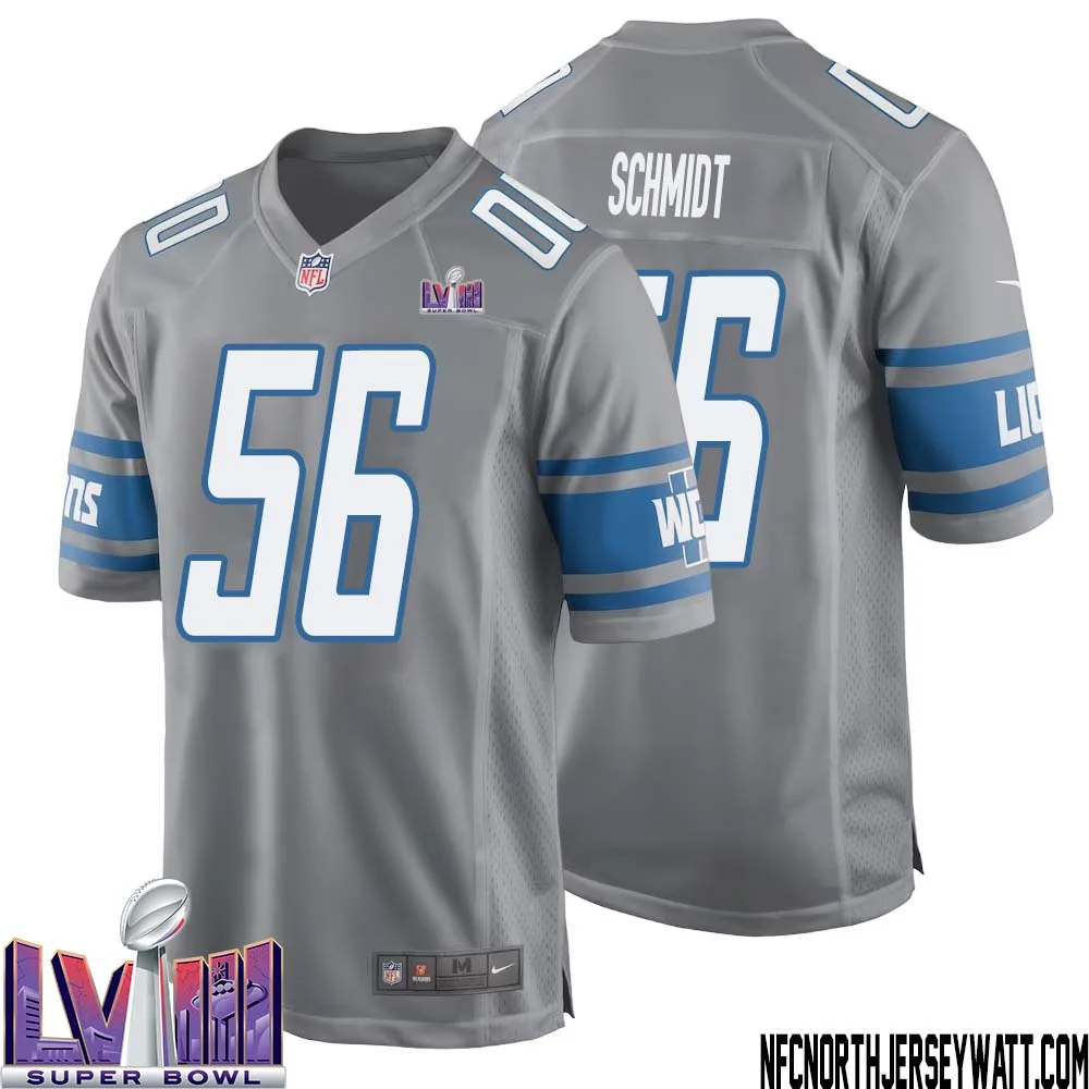 Joe Schmidt No 56 Men Grey Detroit Lions Player Super Bowl LVIII Alternate Game Jersey