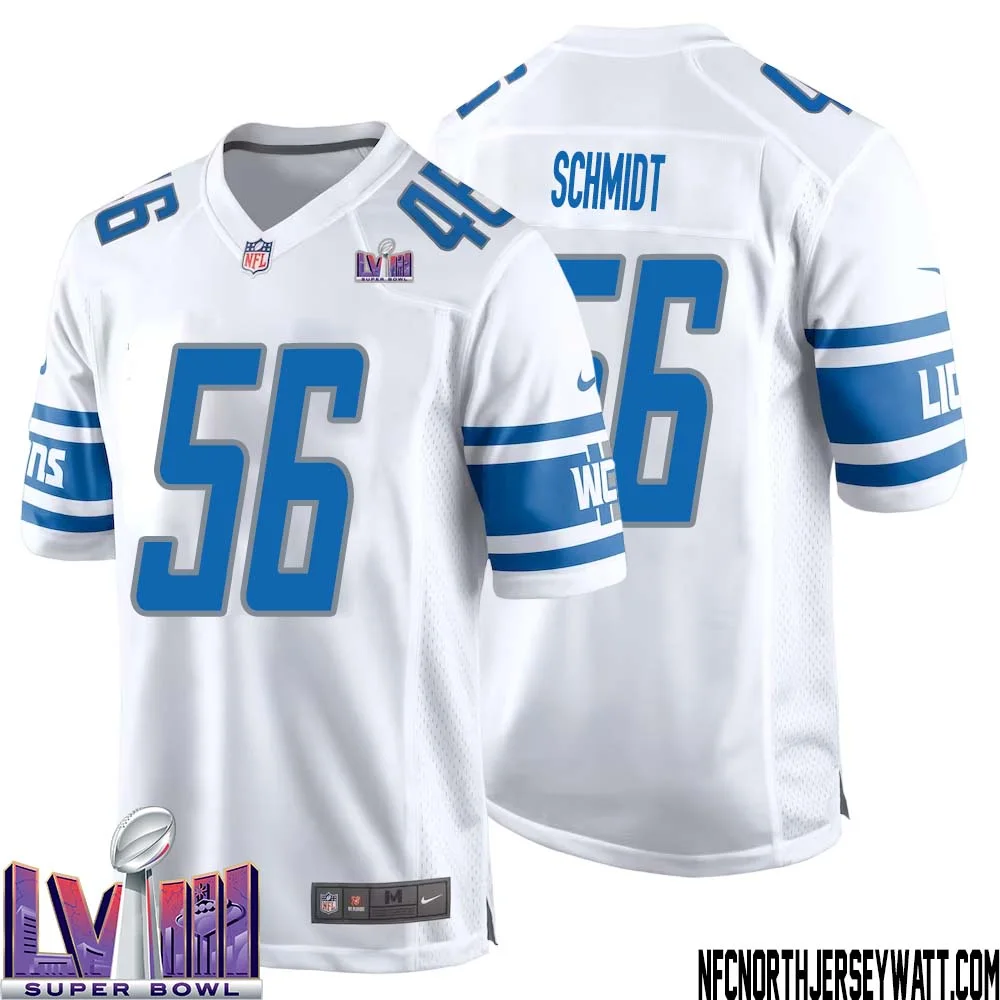 Joe Schmidt No 56 Men White Detroit Lions Player Super Bowl LVIII Away Game Jersey
