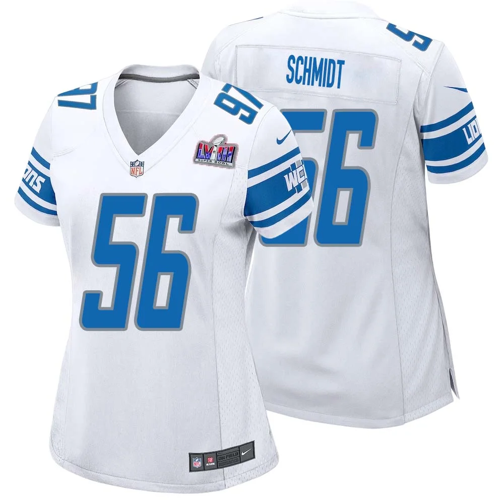 Joe Schmidt No 56 Womens Custom White Detroit Lions Super Bowl LVIII Away Game Jersey