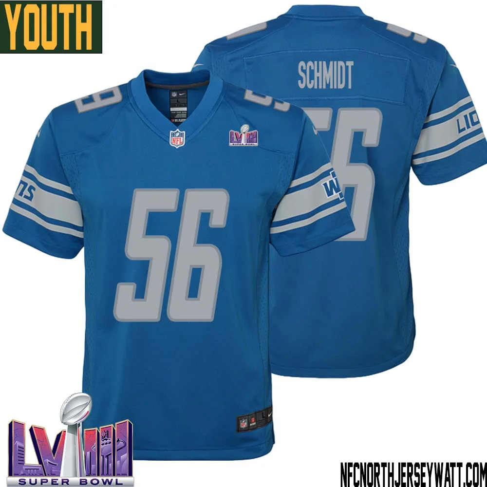 Joe Schmidt No 56 Youth Blue Detroit Lions Player Super Bowl LVIII Home Game Jersey