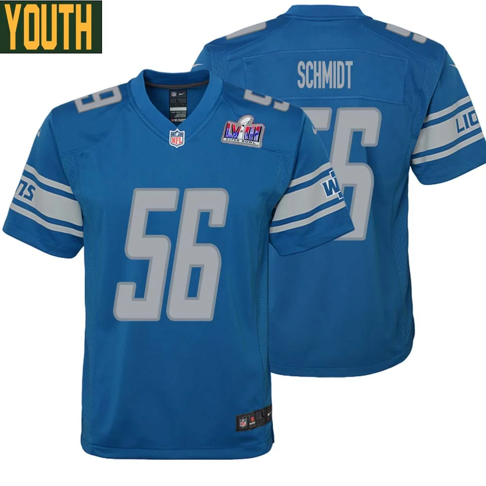 Joe Schmidt No 56 Youths Custom Blue Detroit Lions Super Bowl LVIII Player Home Game Jersey