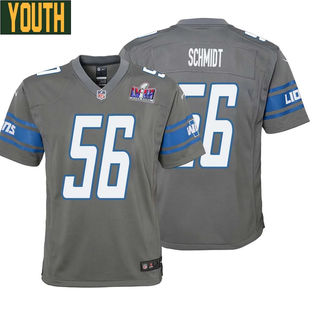 Joe Schmidt No 56 Youths Custom Gray Detroit Lions Alternate Super Bowl LVIII Game Jersey