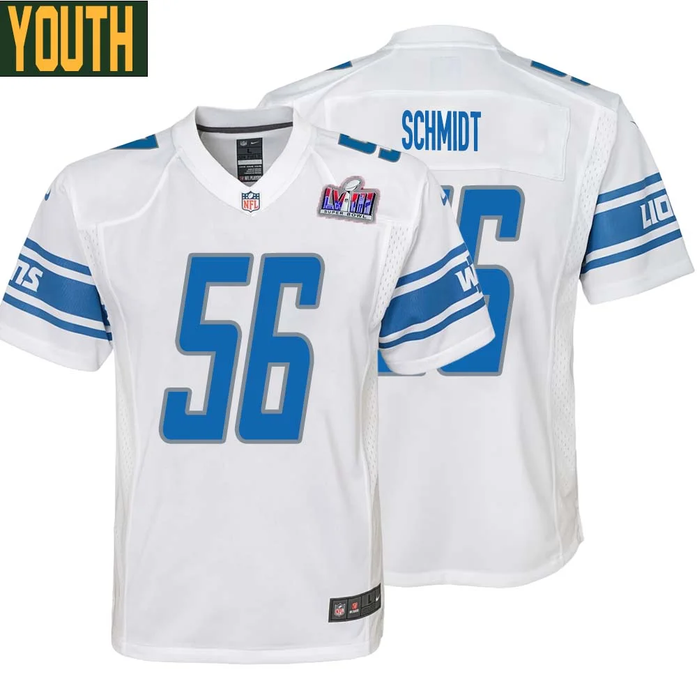 Joe Schmidt No 56 Youths Custom White Detroit Lions Super Bowl LVIII Away Game Jersey