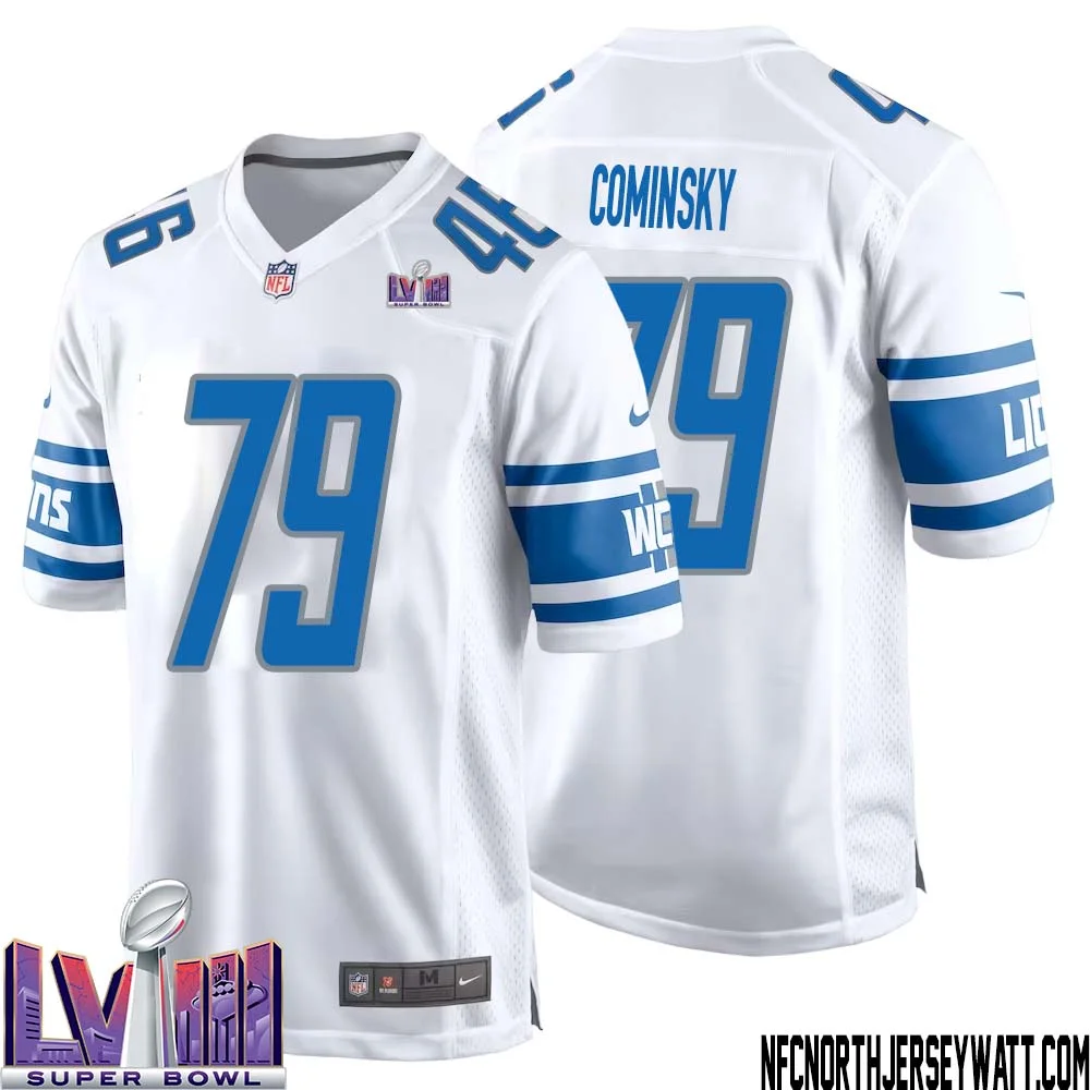 John Cominsky No 79 Men White Detroit Lions Player Super Bowl LVIII Away Game Jersey