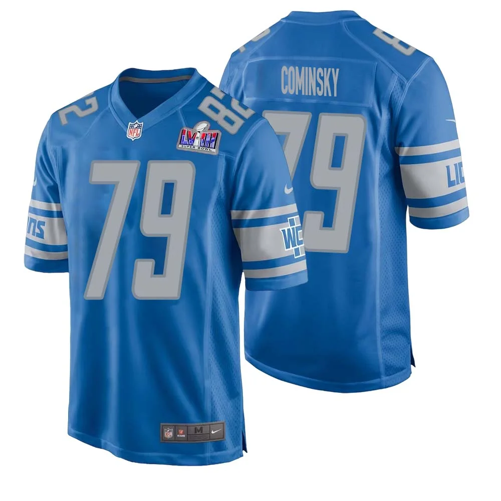 John Cominsky No 79 Mens Custom Blue Detroit Lions Super Bowl LVIII Player Home Game Jersey