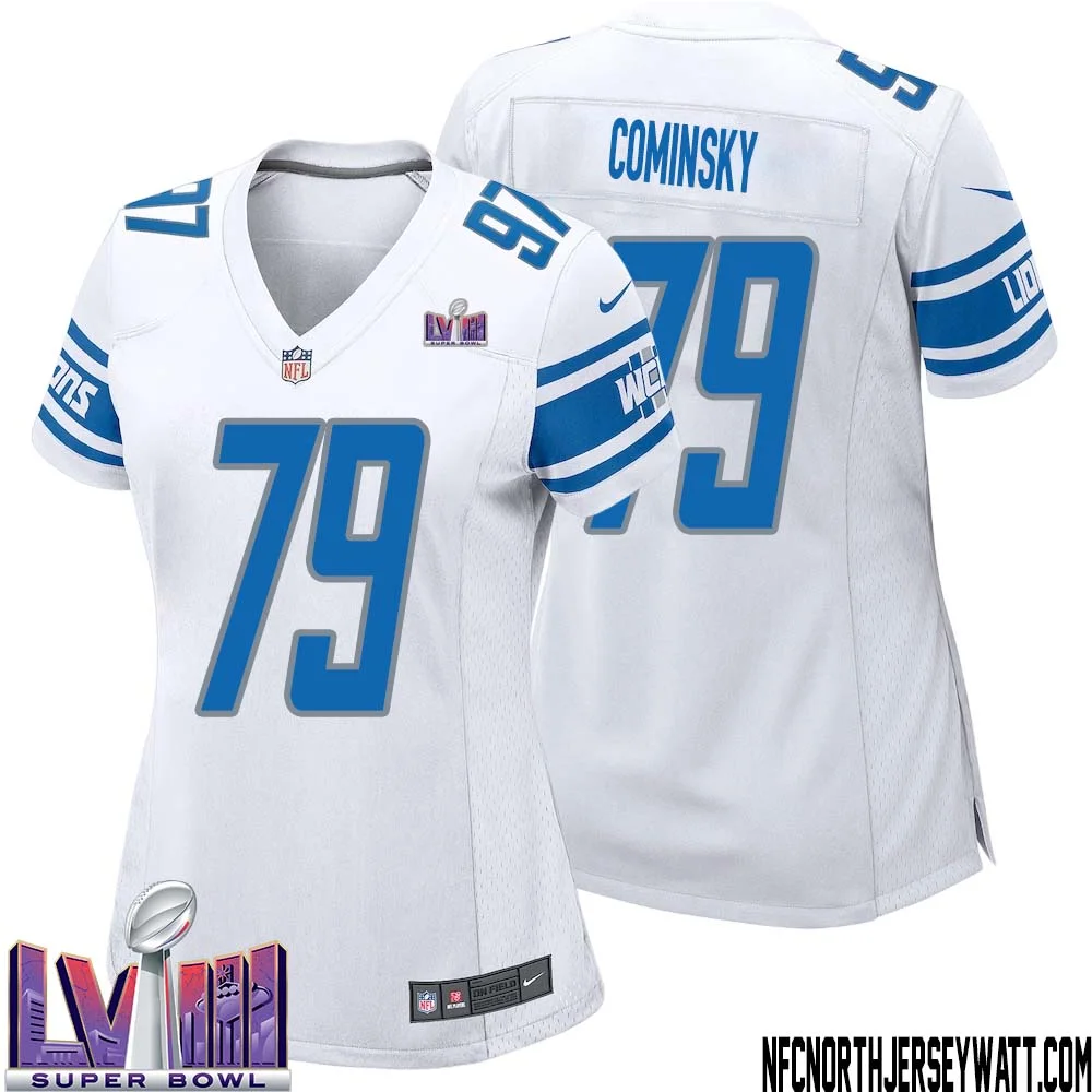 John Cominsky No 79 Women White Detroit Lions Player Super Bowl LVIII Away Game Jersey 1