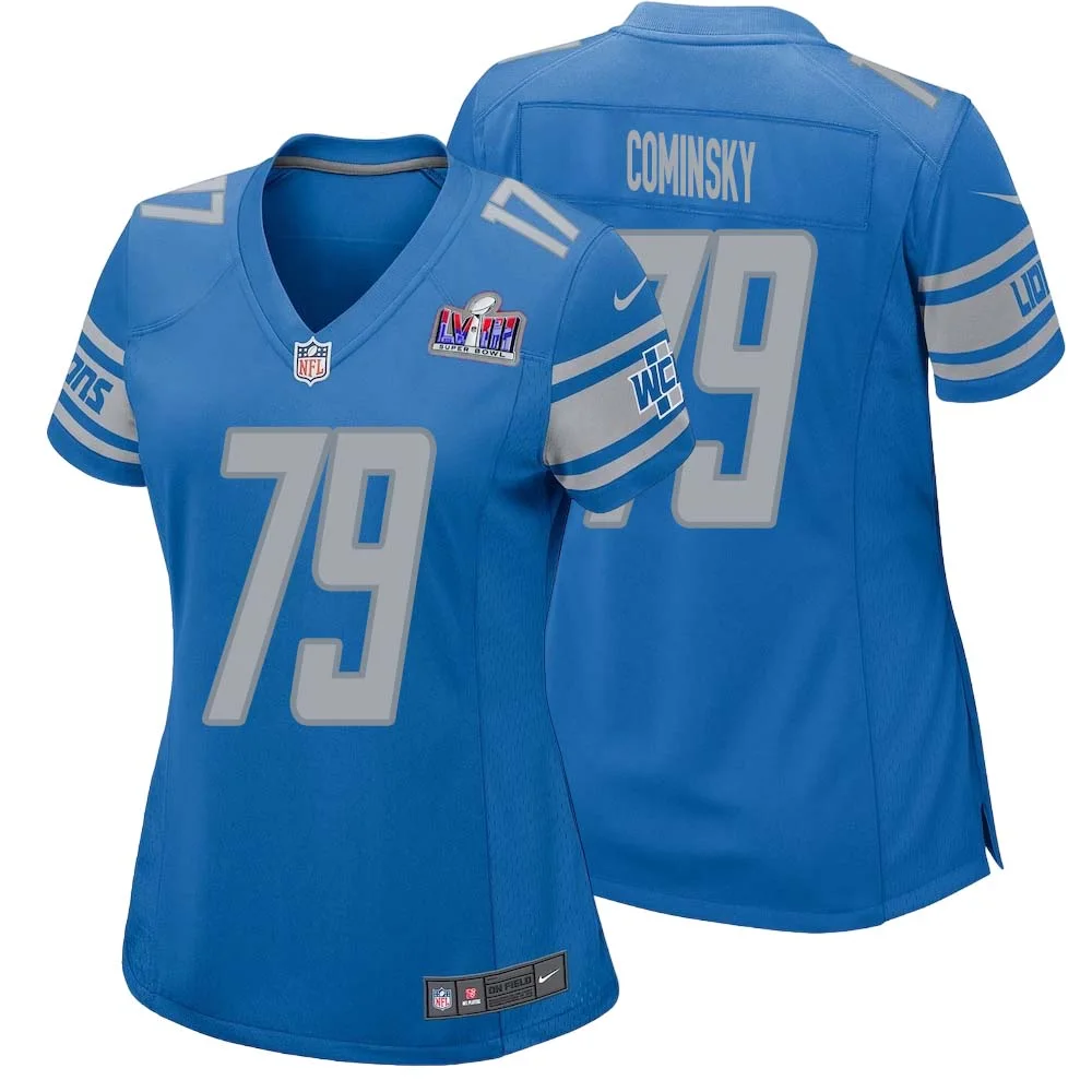 John Cominsky No 79 Womens Custom Blue Detroit Lions Super Bowl LVIII Player Home Game Jersey