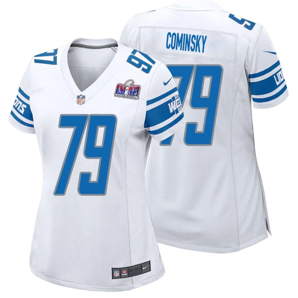 John Cominsky No 79 Womens Custom White Detroit Lions Super Bowl LVIII Away Game Jersey