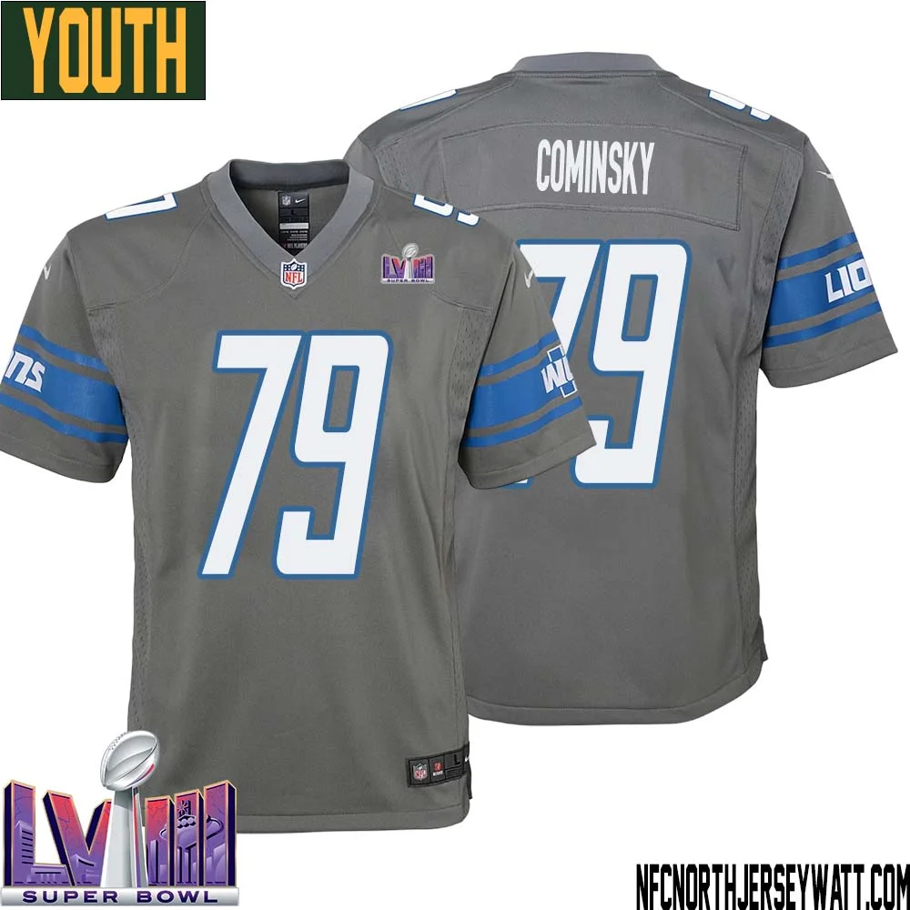 John Cominsky No 79 Youth Grey Detroit Lions Player Super Bowl LVIII Alternate Game Jersey 1