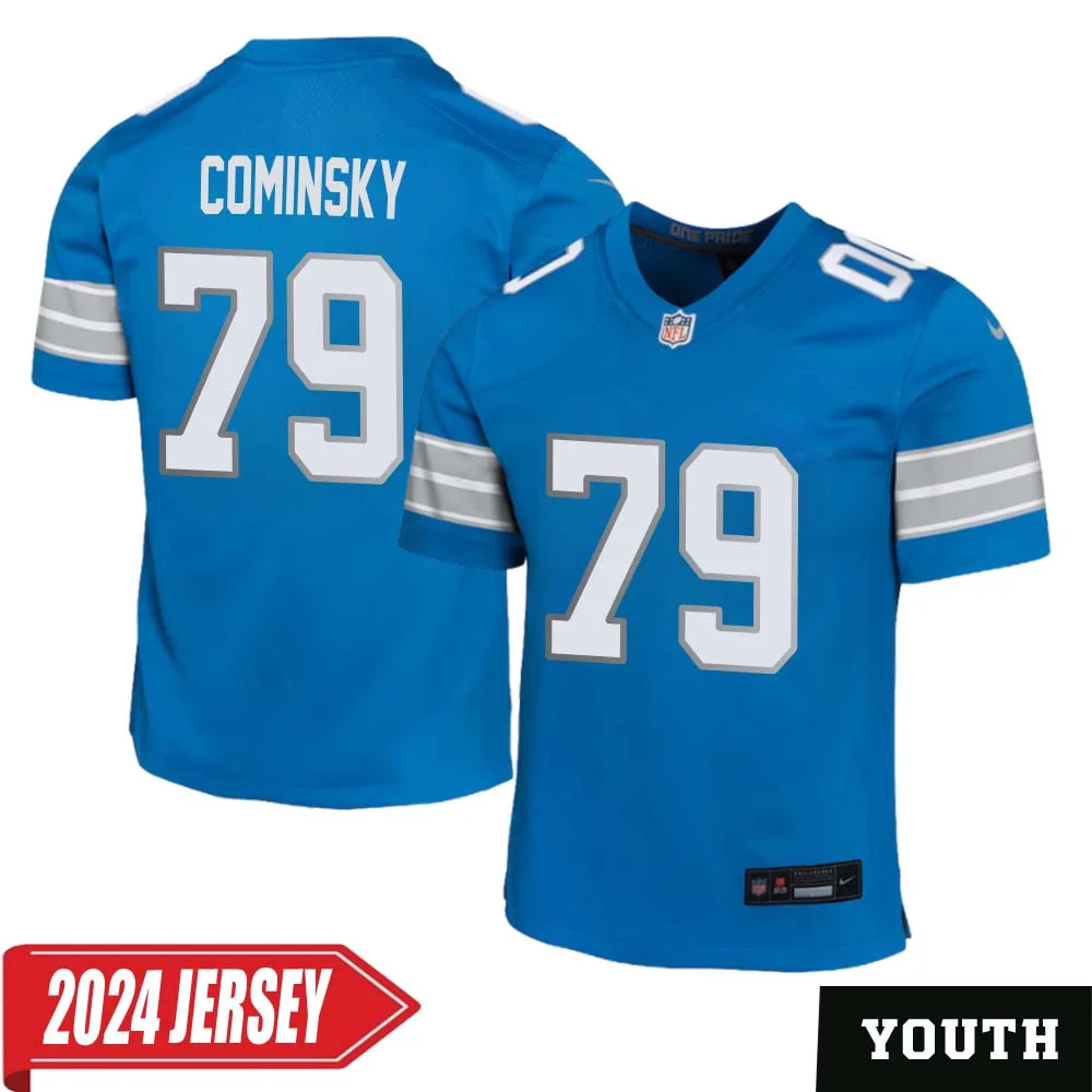 John Cominsky No 79 Youth s Detroit Lions Home Game 2024 Jersey Blue