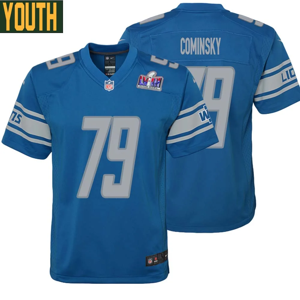 John Cominsky No 79 Youths Custom Blue Detroit Lions Super Bowl LVIII Player Home Game Jersey