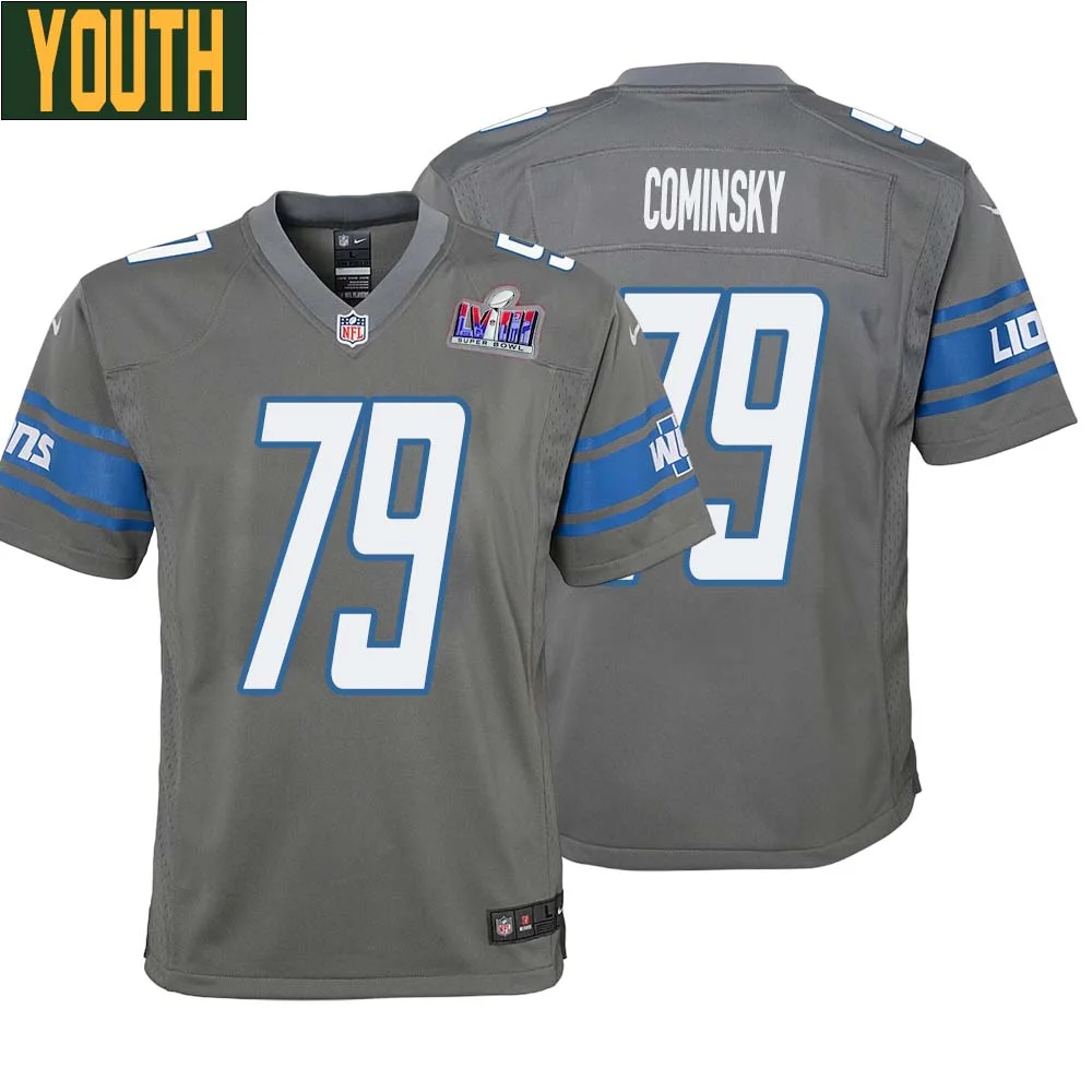 John Cominsky No 79 Youths Custom Gray Detroit Lions Alternate Super Bowl LVIII Game Jersey