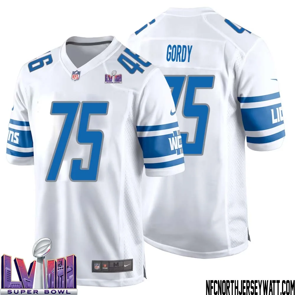 John Gordy No 75 Men White Detroit Lions Player Super Bowl LVIII Away Game Jersey 1